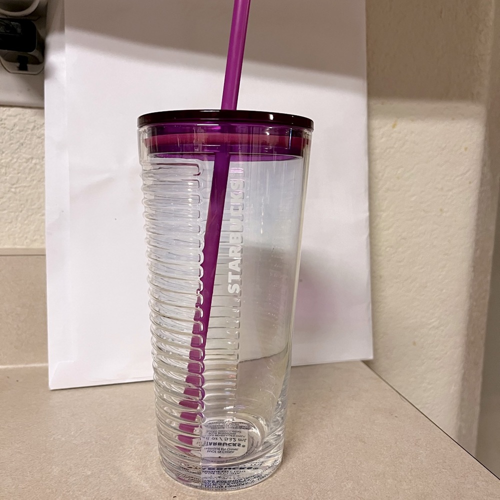 Starbucks Spring 2022 Ribbed clear glass cold cup Pink Fuchsia
